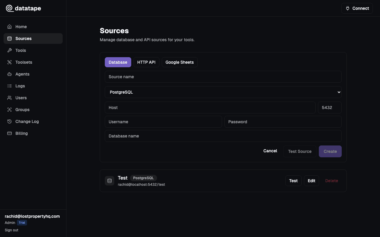 Datatape form for adding a PostgreSQL source