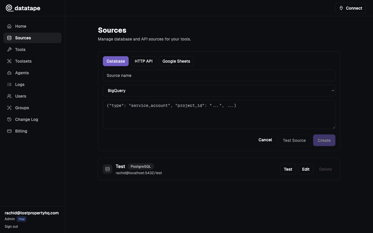 Datatape form for configuring a BigQuery source
