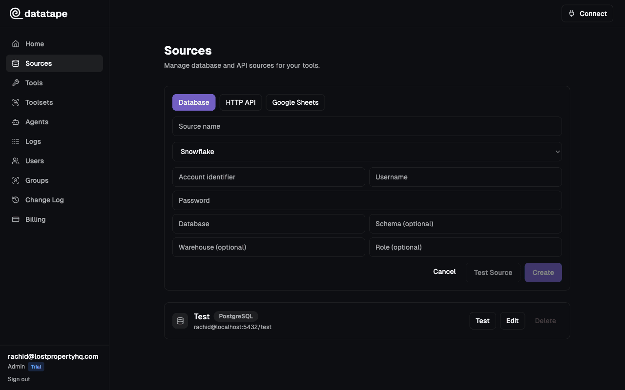 Datatape form for configuring a Snowflake source
