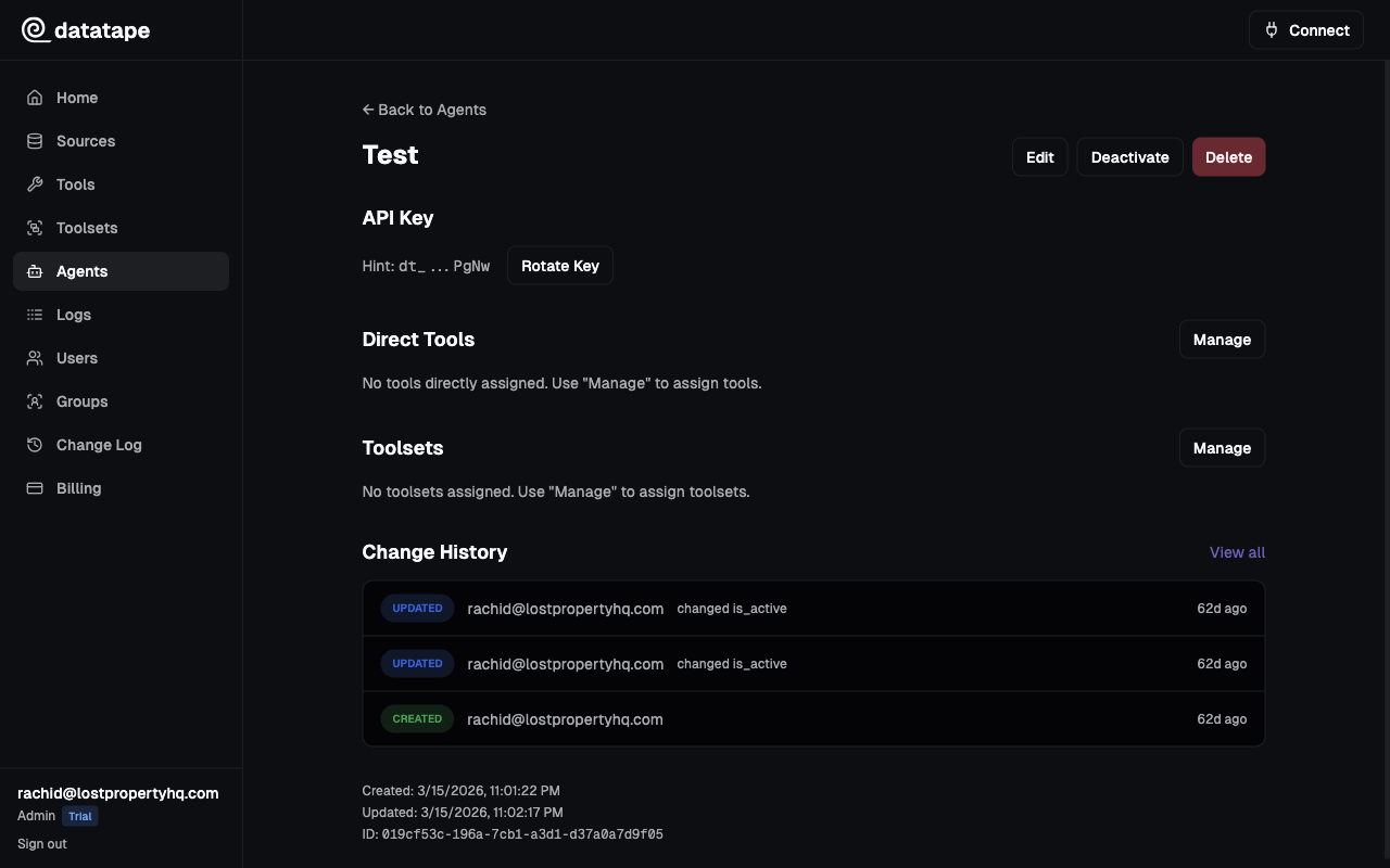 Agent detail page after the key reveal — showing only the key hint and tool assignment sections