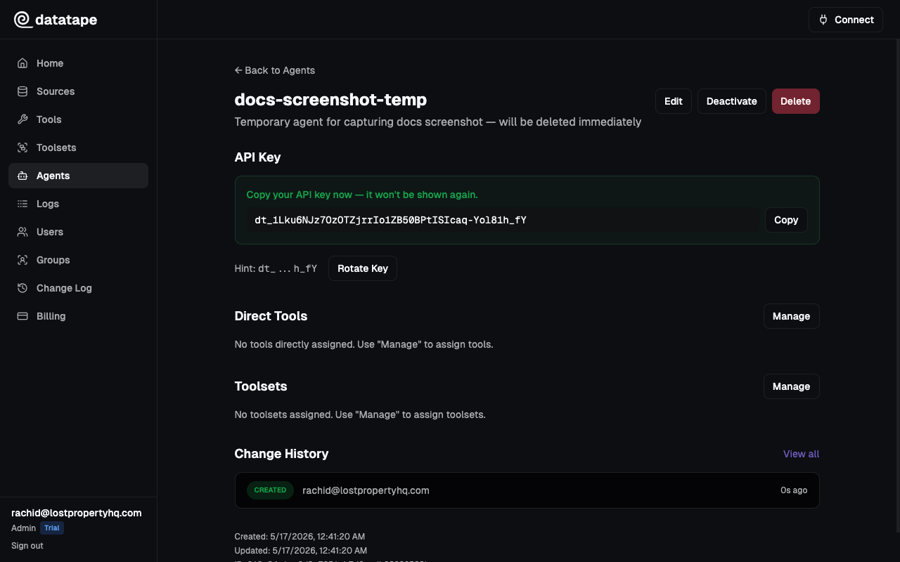 Agent detail page right after creation, with API key revealed once
