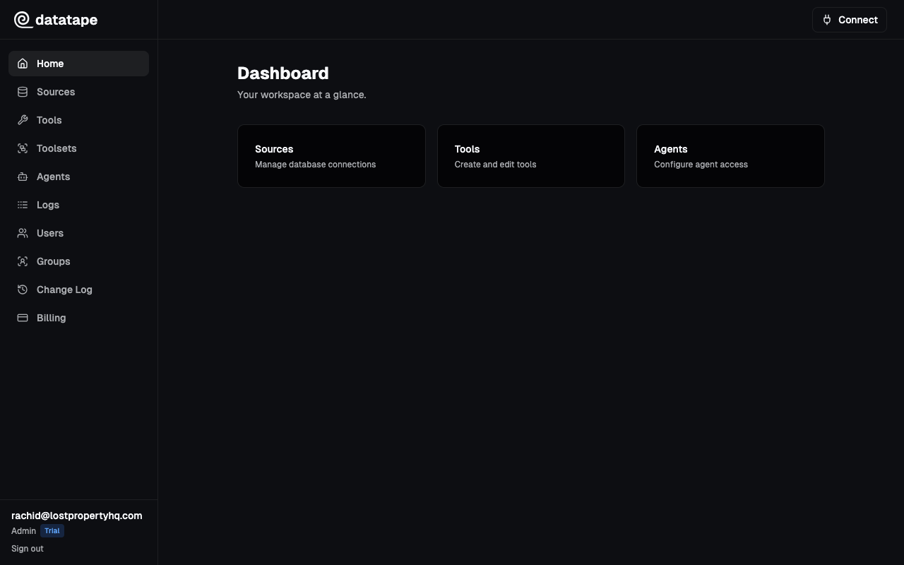 Datatape dashboard home view