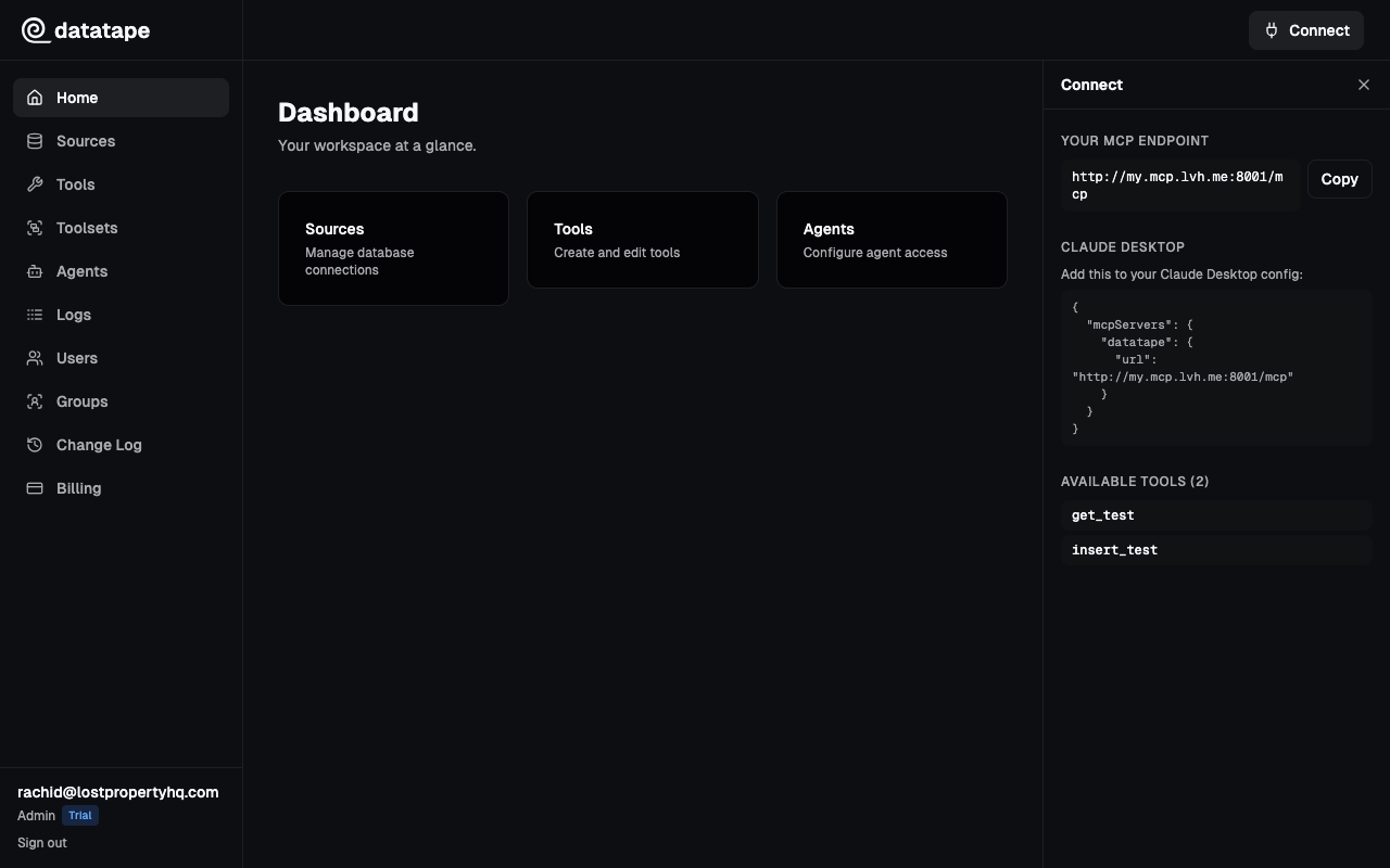 Connect side panel showing the org's MCP endpoint URL and Claude Desktop config snippet
