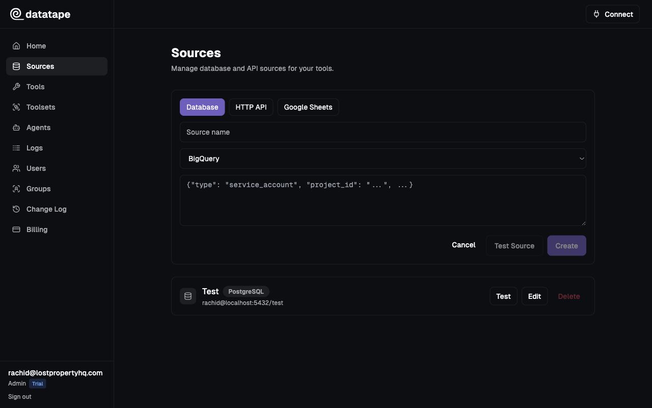BigQuery source connection form