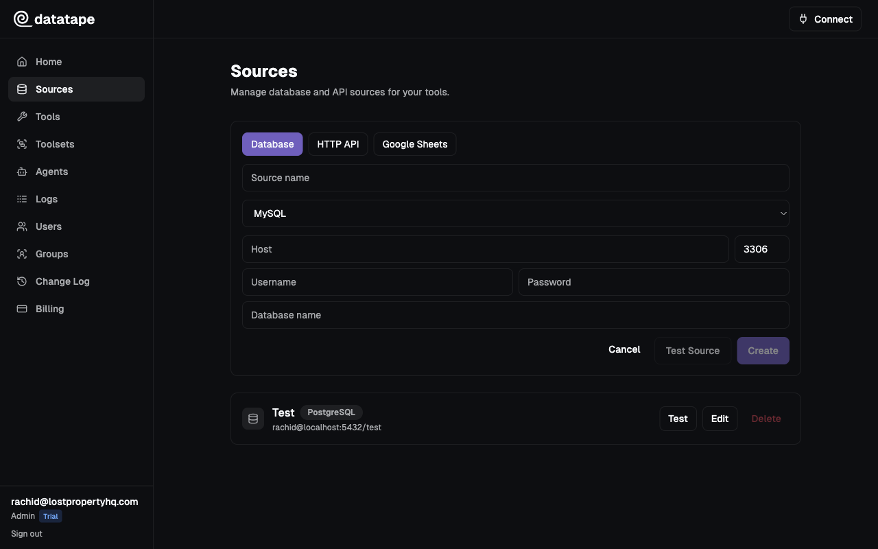 MySQL source connection form