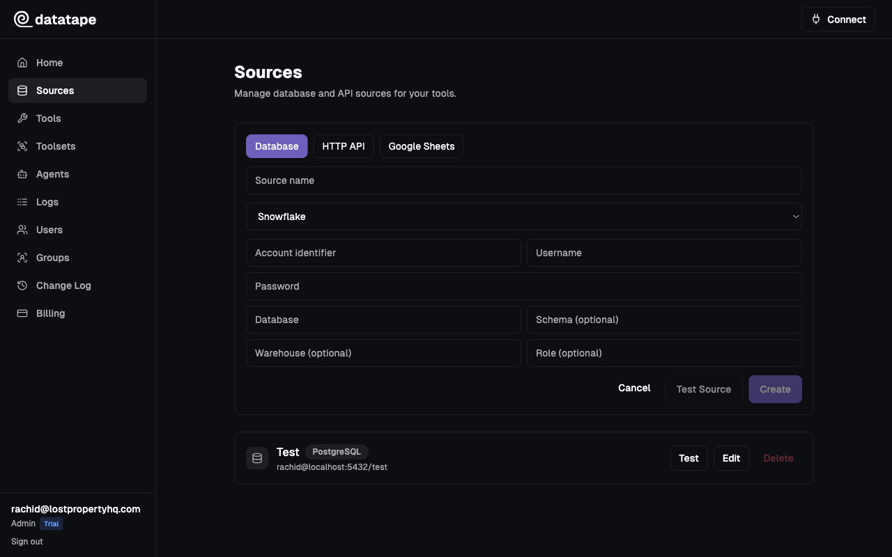 Snowflake source connection form