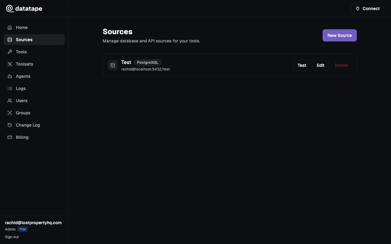 Sources list page with one connected PostgreSQL source