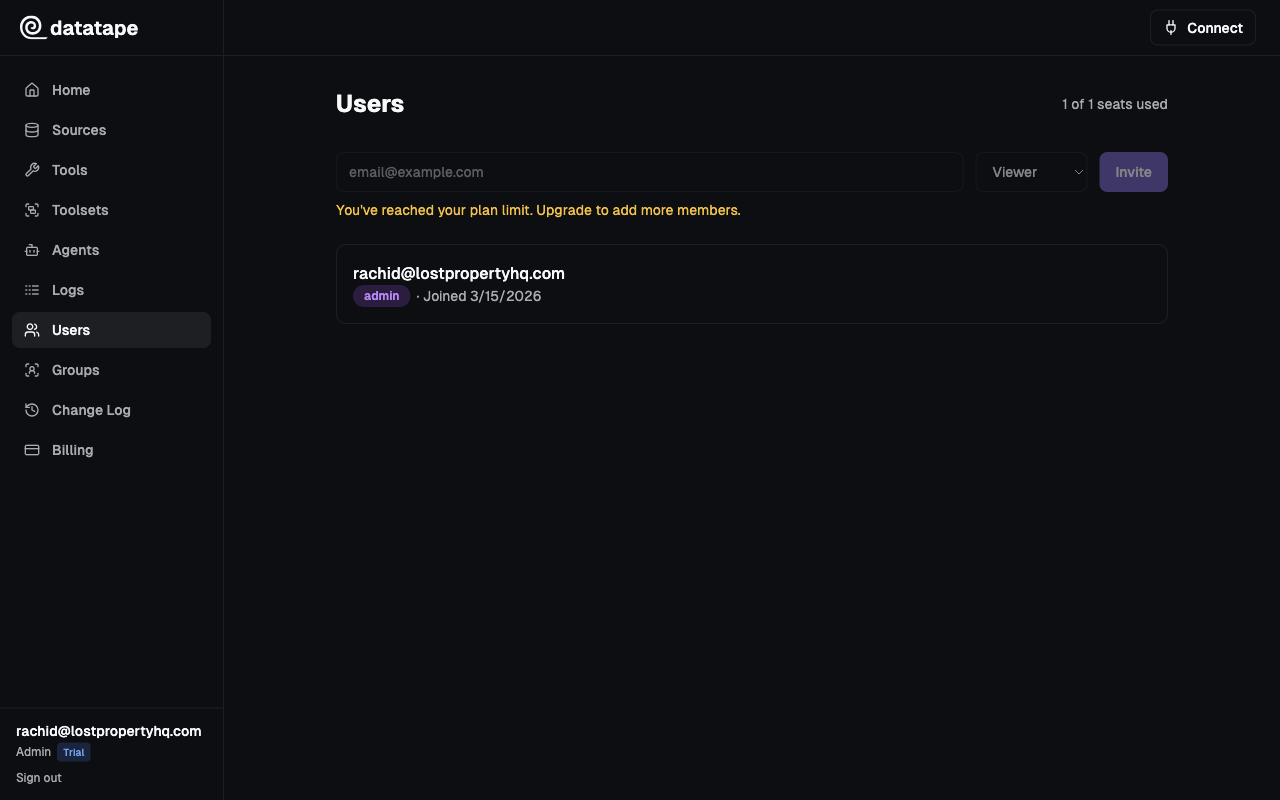Users page showing role badges (admin/editor/viewer) on member rows