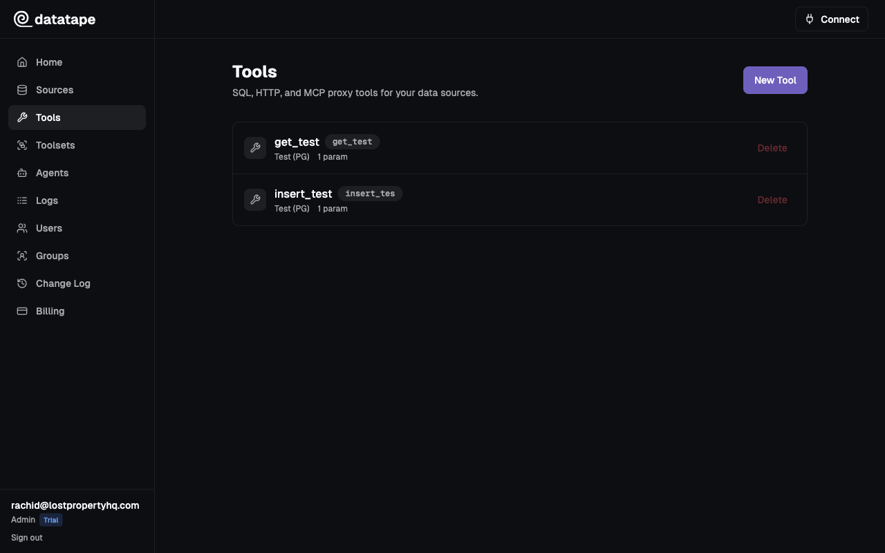 Tools list page with tools showing names, slugs, source, and parameter counts