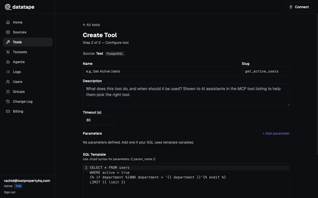 Tool creation form showing the SQL Template editor with Jinja syntax example
