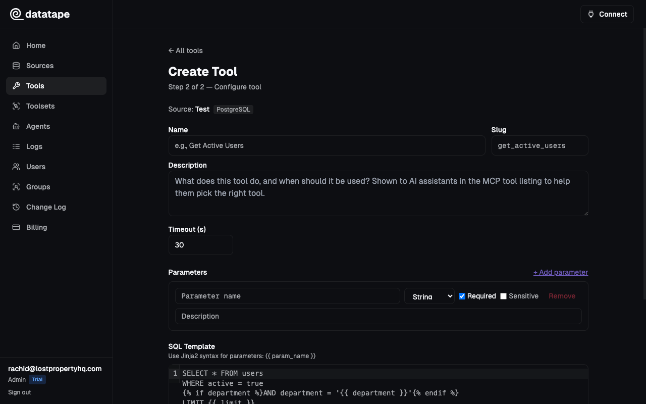 Parameter configuration row in the tool creation form