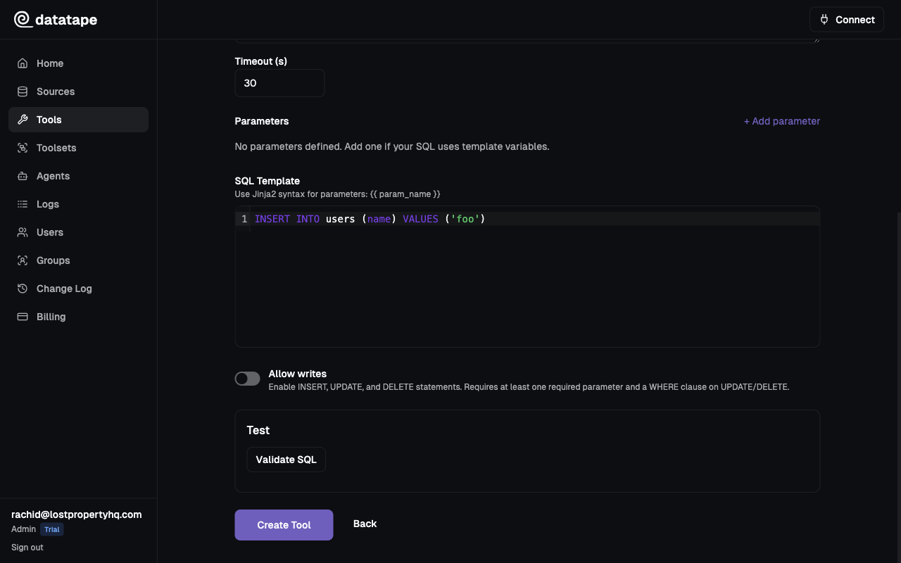 Tool editor with an INSERT statement and the Allow writes toggle off